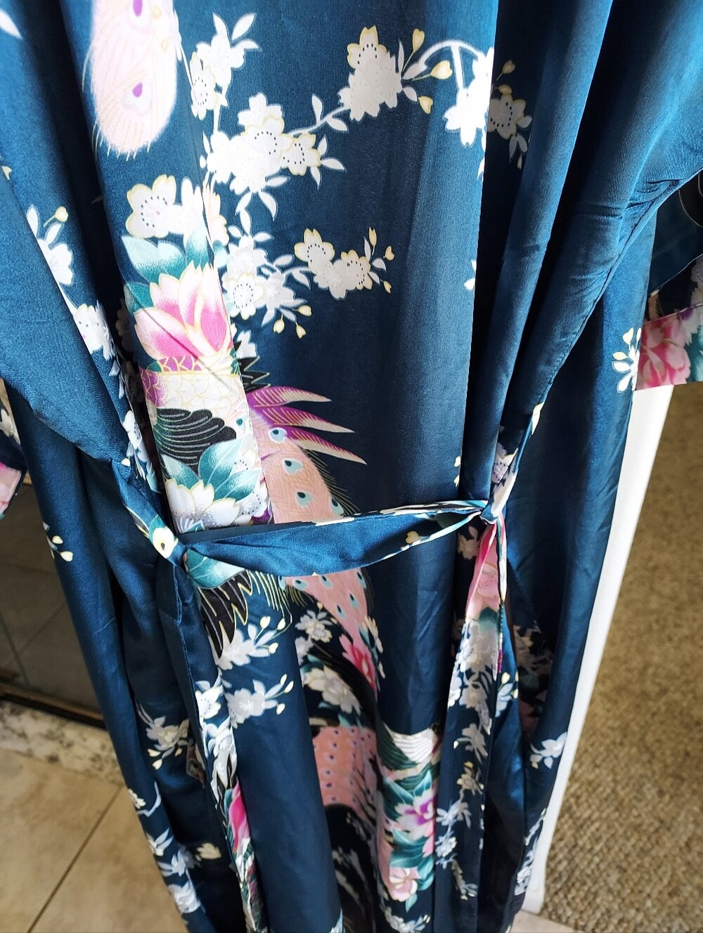 Kim + Ono Long Royal Blue Floral Satin Kimono Robe / Like New - Picture 2 of 9